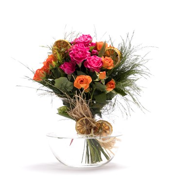 Akvaryum Vazoda Turuncu-Fuşya Mini Güller