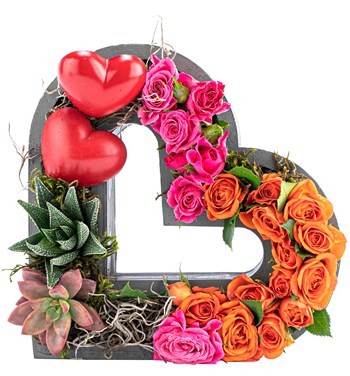 Kalp saksıda renkli mini gül